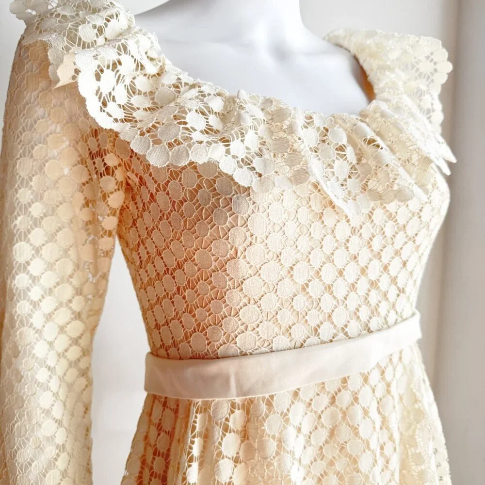 Vintage Jac An Ivory Crochet Long Sleeve A line Maxi Dress Wedding Boho S - Picture 3 of 11